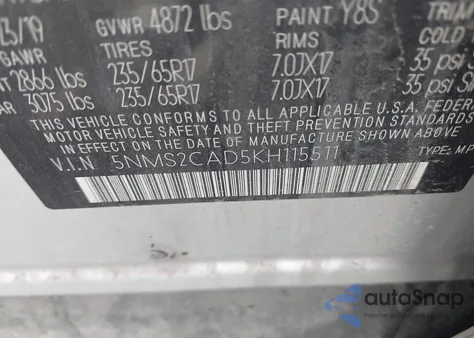 2019 Hyundai Santa Fe Se z USA, uszkodzony, nr VIN 5NMS2CAD5KH115511